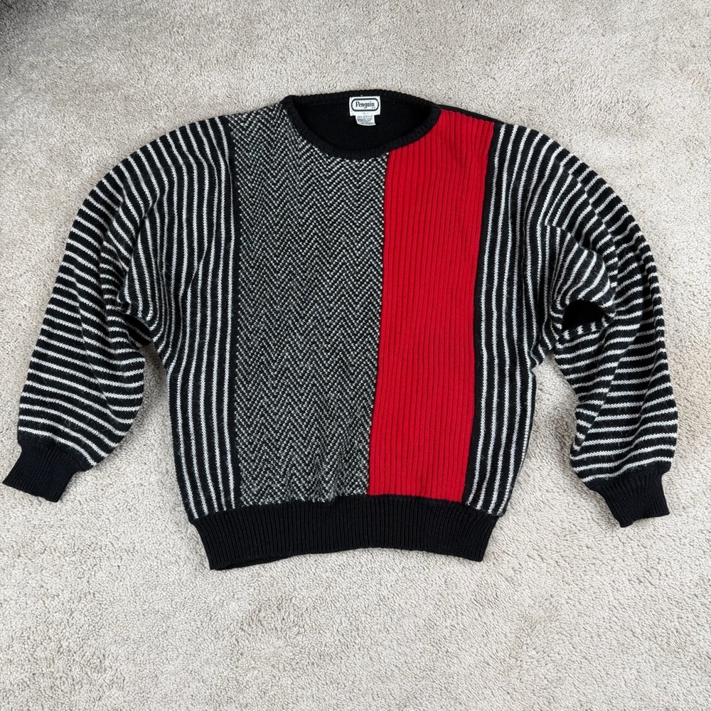 Penguin Mens Knit Sweater‎ Crewneck Long Sleeve Black Red Geometric Pattern Sz L